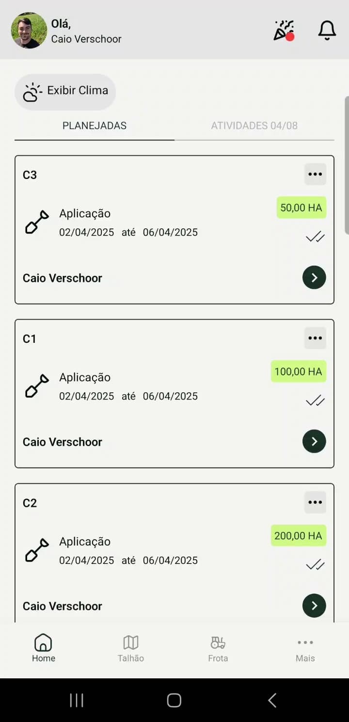 App da Brever mostrando atividades do dia no campo