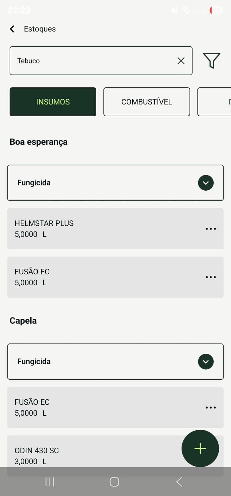 App da Brever mostrando o estoque de insumos por categoria