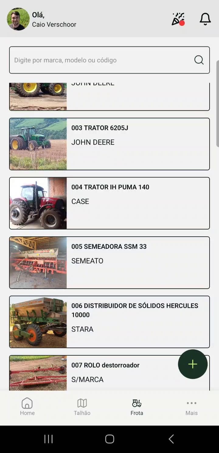 App da Brever mostrando a frota de máquinas com fotos